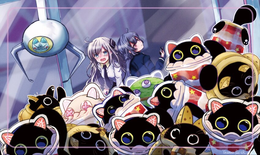 2girls, ahoge, animal-themed_food, animal_ears, black_necktie, blonde_hair, blush, cat