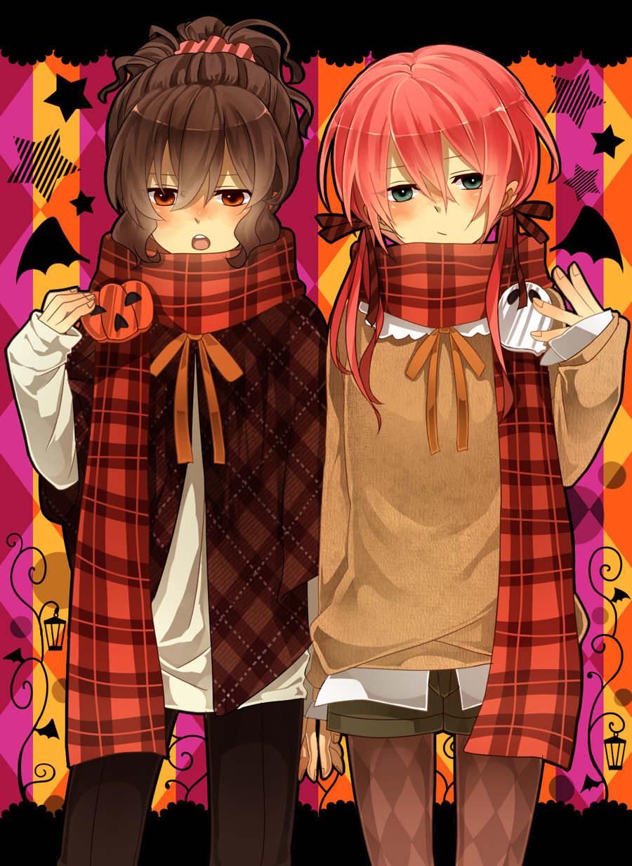2boys, argyle_clothes, argyle_legwear, bad_id, bad_pixiv_id, bat_wings, blush, brown_hair, halloween, highres, inazuma_eleven, inazuma_eleven_(series), inazuma_eleven_go, jack-o'-lantern, kirino_ranmaru, multiple_boys, pantyhose, pink_hair, plaid_clothes, plaid_scarf, pumpkin, red_scarf, scarf, scrunchie, shindou_takuto, shorts, striped_clothes, striped_scrunchie, trap, wings, yoru_(yoru1222)