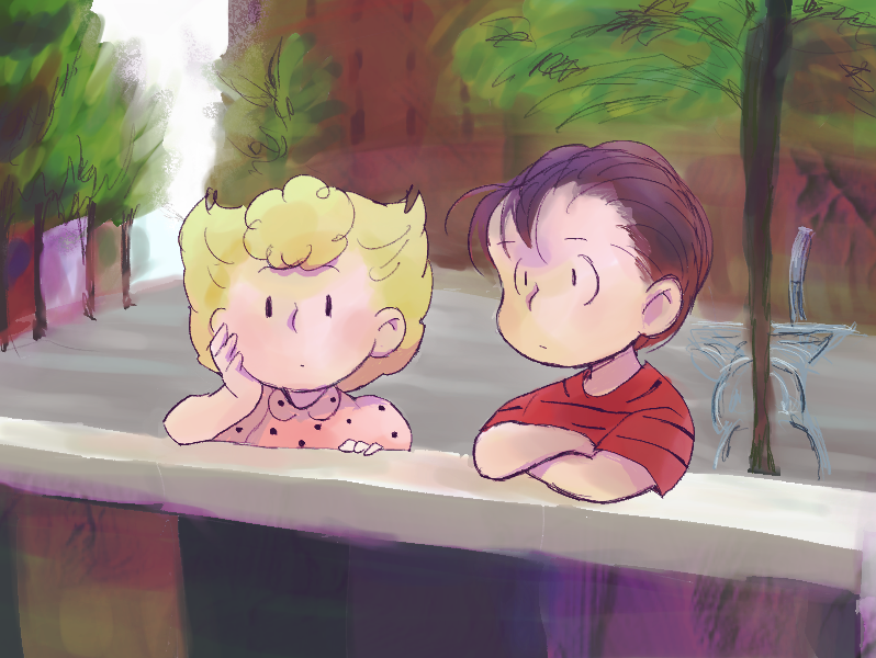 1boy, 1girl, arm_support, black_hair, blonde_hair, commentary_request, dress, expressionless