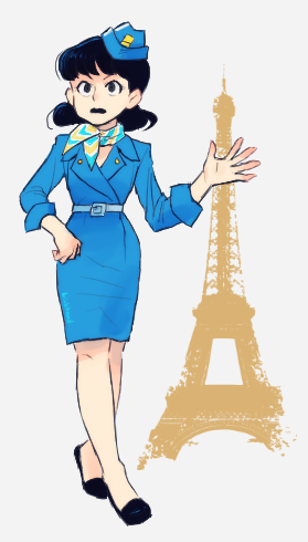 1girl, black_hair, commentary_request, eiffel_tower, employee_uniform, flight_attendant, flight_attendant_hat, formal_clothes