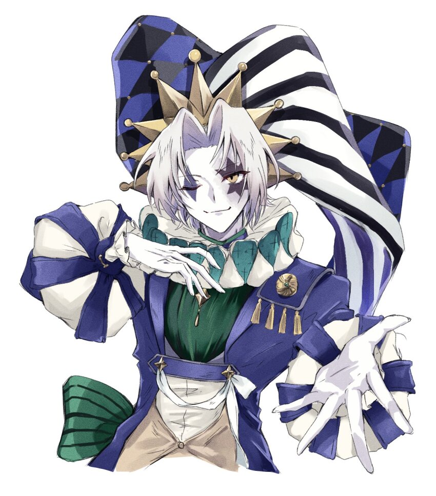 1boy, clown_crew_biancaviso, colored_skin, commentary_request, duel, duel_monster, facial_mark, gloves