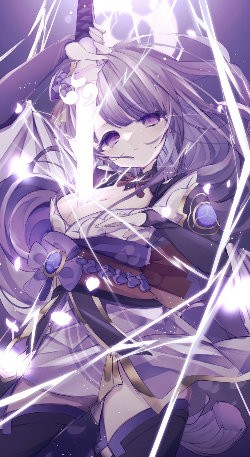 1girl, arm_up, armor, asymmetrical_sleeves, back_bow, blunt_bangs, bow, braid, breasts, bridal_gauntlets, cleavage, clothing_cutout, commentary, drawing_sword, electricity, empty_eyes, fan_hair_ornament, genshin_impact, glowing, glowing_sword, glowing_weapon, head_tilt, highres, holding, holding_sword, holding_weapon, human_scabbard, japanese_clothes, katana, kimono, large_breasts, lingerie, little_(co), long_braid, looking_at_viewer, mitsudomoe_(shape), mole, mole_under_eye, musou_isshin_(genshin_impact), neck_ribbon, off_shoulder, purple_background, purple_eyes, purple_hair, purple_kimono, purple_thighhighs, raiden_shogun, red_ribbon, red_sash, ribbon, sash, shoulder_armor, shoulder_cutout, single_braid, solo, sword, sword_between_breasts, thighhighs, tomoe_(symbol), underwear, uneven_sleeves, upper_body, weapon, wide_sleeves