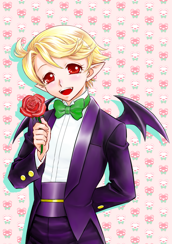 1boy, arm_behind_back, bishounen, blonde_hair, bow, bowtie, disgaea, flower, formal_clothes, kotatsu_seijin, makai_senki_disgaea_2, male_focus, personification, pointy_ears, red_eyes, red_flower, red_rose, ribbon, rose, smile, solo, suit, tink, tink_(disgaea), traditional_bowtie, wings