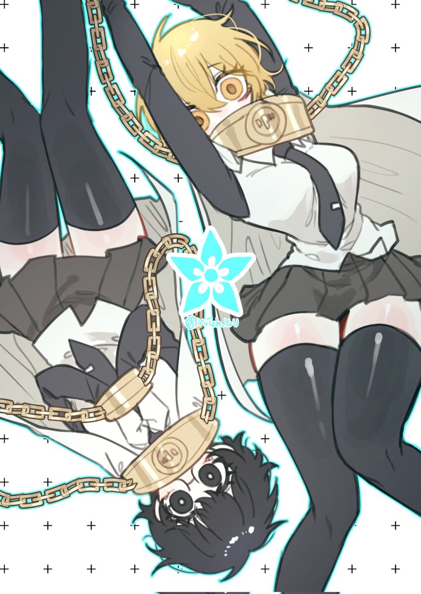 1girl, black_eyes, black_hair, black_thighhighs, blonde_hair, blue_outline, breasts, don_quixote_(project_moon), glasses, hashtag-only_commentary, highres, index_(identity)_(project_moon), large_breasts, limbus_company, long_sleeves, looking_at_viewer, miniskirt, necktie, orange_eyes, outline, pleated_skirt, pmchell_04, project_moon, short_hair, simple_background, skinny, skirt, small_breasts, sora_(project_moon), thighhighs