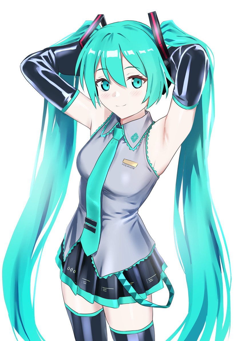 1girl, absurdres, adjusting_hair, aqua_eyes, aqua_hair, aqua_necktie, aqua_trim, armpits, arms_behind_head, arms_up, bare_shoulders, black_skirt, black_sleeves, black_thighhighs, blush, breasts, closed_mouth, clothes_writing, collared_shirt, commentary_request, cowboy_shot, detached_sleeves, grey_shirt, hair_ornament, hatsune_miku, headphones, highland, highres, legs_apart, long_hair, long_sleeves, miniskirt, necktie, pleated_skirt, shirt, simple_background, skirt, sleeveless, sleeveless_shirt, small_breasts, smile, solo, standing, thighhighs, twintails, very_long_hair, vocaloid, white_background, zettai_ryouiki
