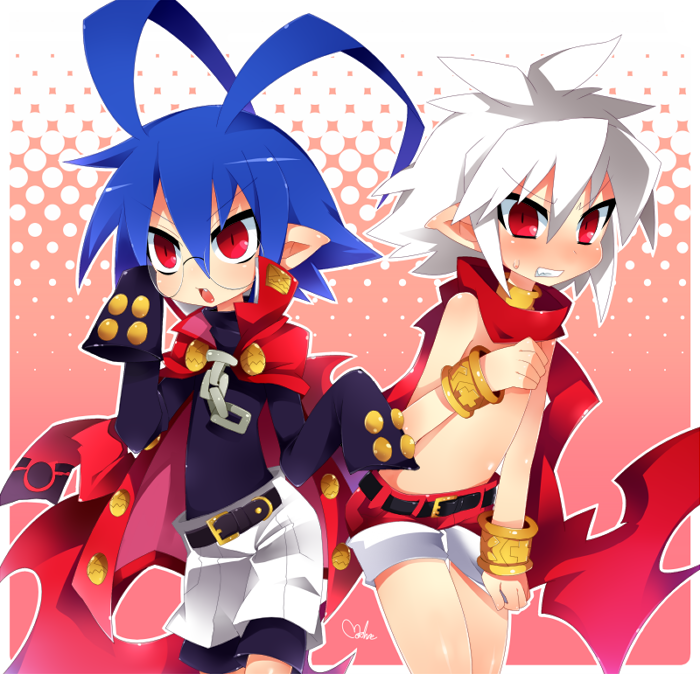 2boys, albino, antenna_hair, bad_id, bad_pixiv_id, bespectacled, blue_hair, blush, bracelet, cape, clenched_teeth, cosplay, costume_switch, disgaea, embarrassed, eyewear_switch, glasses, jewelry, laharl, laharl_(cosplay), long_sleeves, makai_senki_disgaea, makai_senki_disgaea_3, male_focus, mao_(cosplay), mao_(disgaea), mao_(disgaea)_(cosplay), multiple_boys, mushimaro, pointy_ears, red_eyes, red_scarf, red_shorts, scarf, shirt, shorts, sleeves_past_wrists, teeth, topless_male, white_hair
