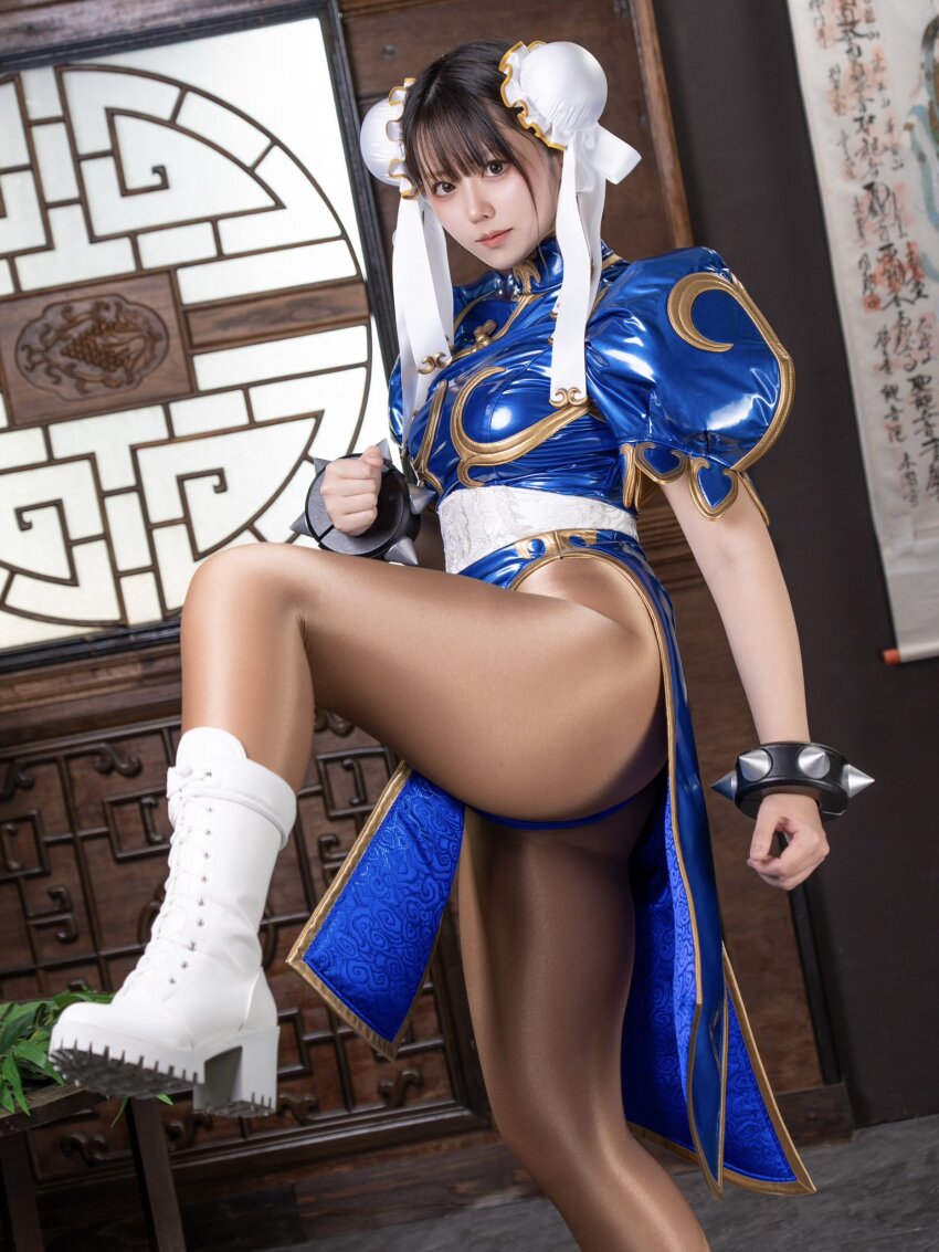 ass, blue_dress, boots, bracelet, capcom, chinese_clothes, chun-li, cosplay