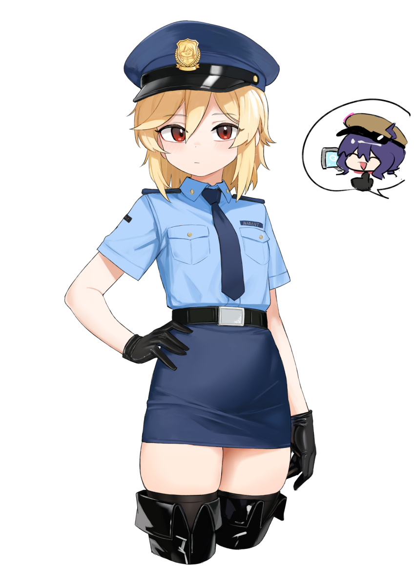 2girls, absurdres, alternate_costume, black_gloves, black_thighhighs, blonde_hair, blue_necktie, blue_shirt