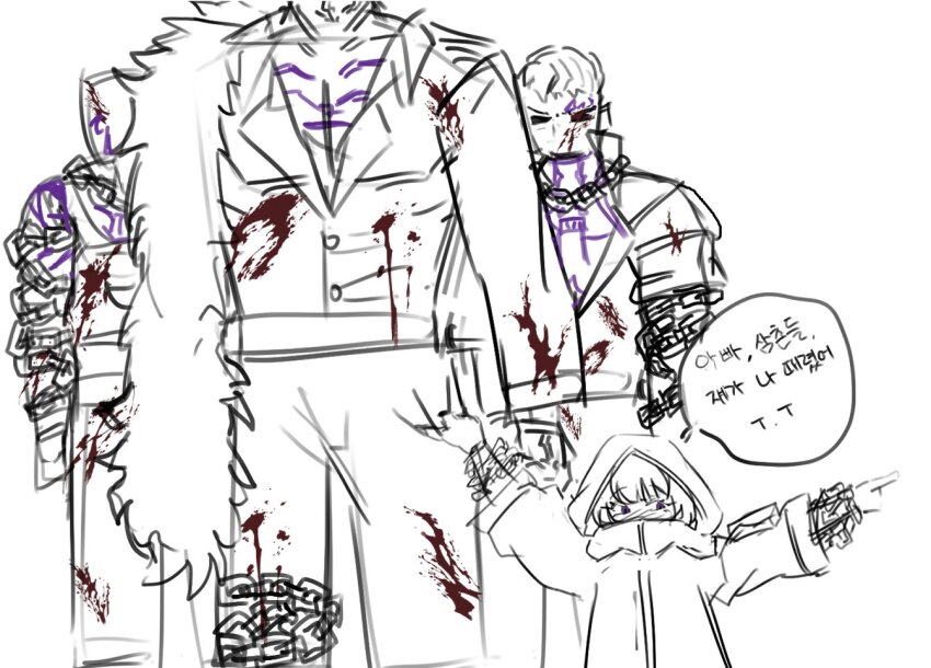 1girl, 3boys, arm_tattoo, blood, blood_on_clothes, blush, catnip_scent, chain