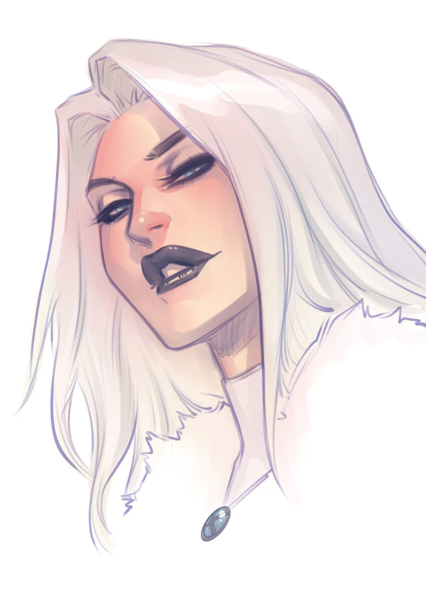 1girl, black_lips, blonde_hair, blue_eyes, commentary, emma_frost, english_commentary, fur_trim