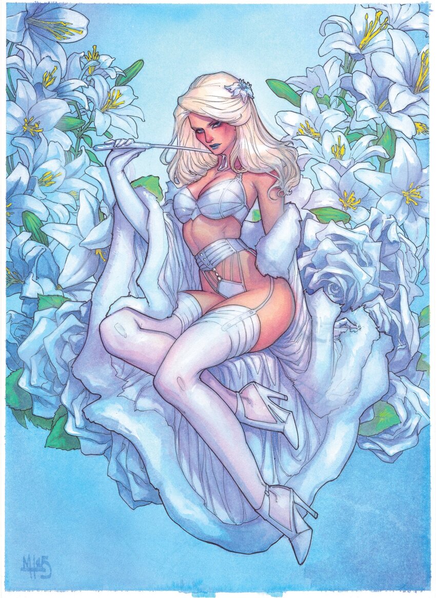 1girl, blonde_hair, blue_background, blue_flower, blue_lips, blue_rose, border, bra