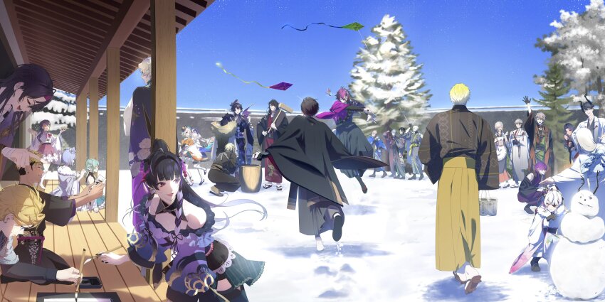 6+boys, 6+girls, absurdres, aia_amare, alban_knox, alternate_costume, architecture, blue_sky