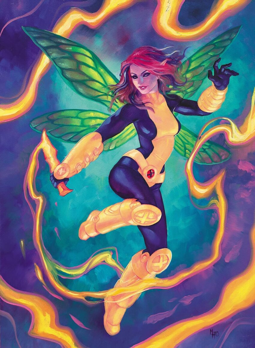 1girl, aqua_background, black_bodysuit, black_gloves, black_sclera, bodysuit, boots, colored_sclera, commentary, energy_sword, english_commentary, fairy_wings, floating_hair, gloves, gradient_background, green_background, green_wings, highres, holding, holding_knife, insect_wings, knife, looking_to_the_side, marvel, medium_hair, meghan_hetrick, multicolored_bodysuit, multicolored_hair, no_pupils, oil_painting_(medium), painting_(medium), parted_lips, pink_hair, pixie_(x-men), pointy_ears, purple_background, purple_hair, smile, solo, sword, traditional_media, weapon, western_comics_(style), wings, x-men, x-uniform, yellow_bodysuit, yellow_boots