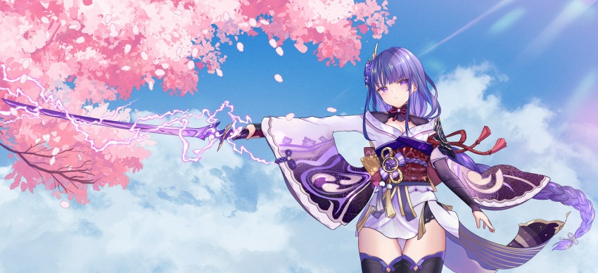 1girl, absurdres, arm_up, blue_sky, blunt_bangs, braid, breasts, bridal_gauntlets