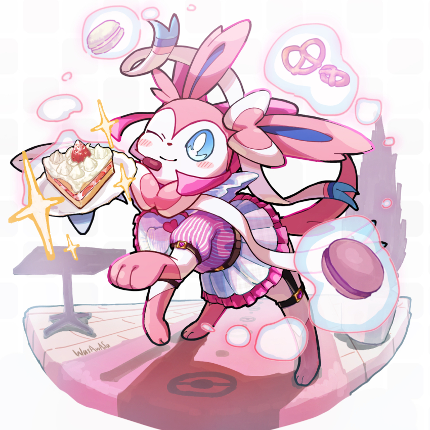animal_focus, blue_eyes, blush, bow, cake, cake_slice, clothed_pokemon, commentary_request
