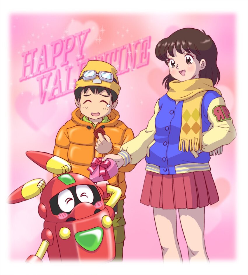 1boy, 1girl, ^_^, arm_behind_head, arm_up, beanie, black_hair, blush