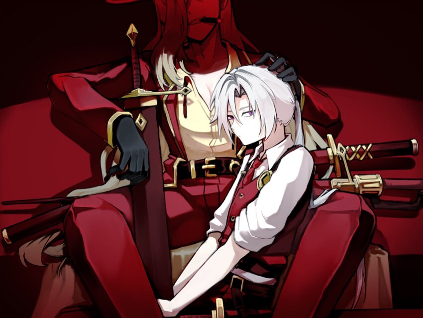 1boy, 1girl, belt, between_legs, black_gloves, breasts, cigar, cleavage