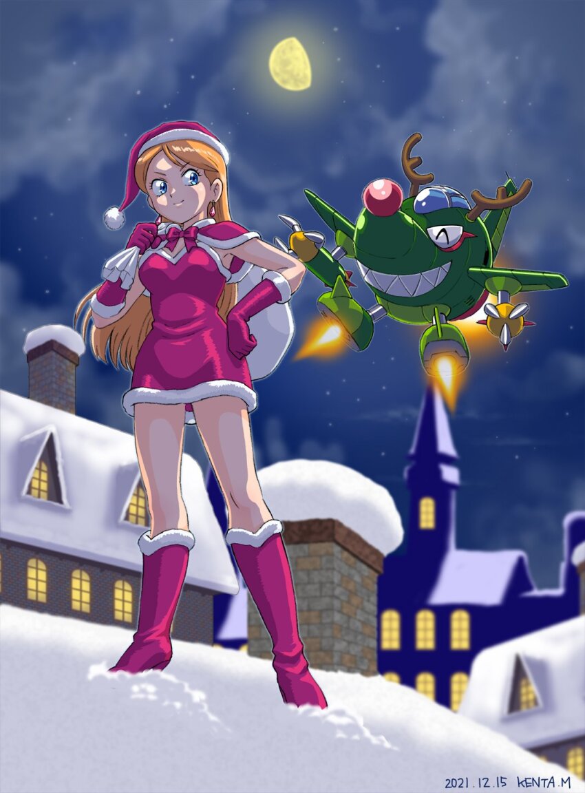 ^_^, aircraft, airplane, amron_(robopon), artist_name, blonde_hair, blue_eyes, blue_sky