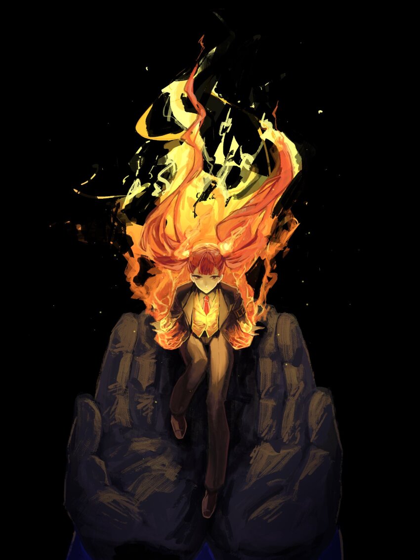 1girl, 1other, alyssa_(project_moon), ardor_blossom_star_(e.g.o), black_background, black_jacket, black_pants, brown_shoes