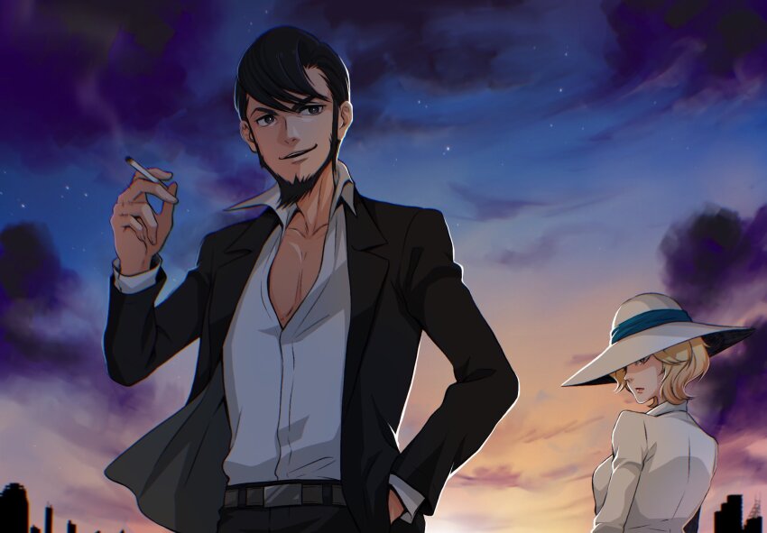 1boy, 1girl, arsene_lupin_ii, black_eyes, black_hair, black_jacket, blonde_hair, brown_eyes