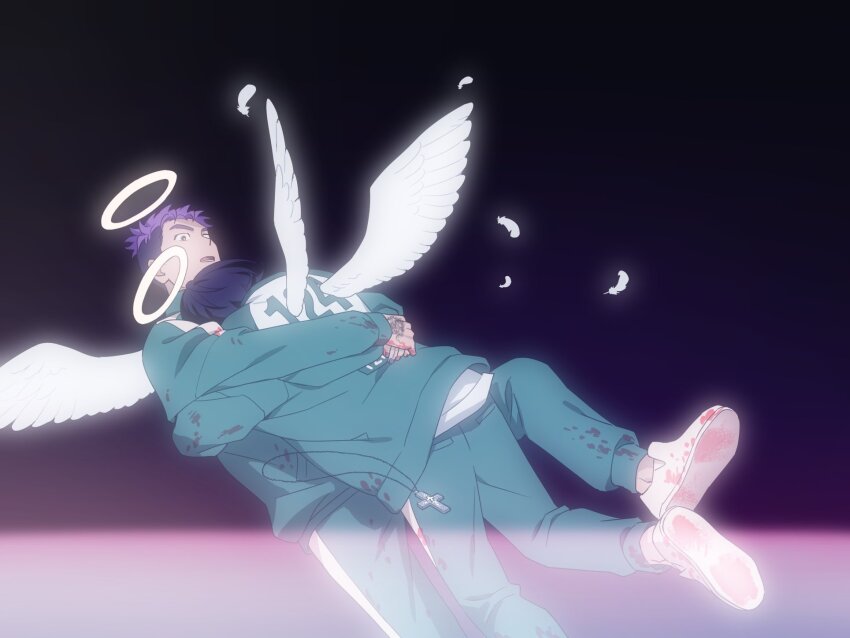 2boys, angel, black_hair, blood, blood_on_clothes, blood_on_hands, bloom, buzz_cut, clothes_lift, falling, falling_petals, feathered_wings, full_body, green_track_suit, halo, hashtag-only_commentary, highres, male_focus, mini_wings, multiple_boys, nam-gyu, petals, print_shirt, purple_hair, shirt, shirt_lift, short_hair, squid_game, surprised, thanos_(squid_game), track_suit, uxjaw9kk7171352, very_short_hair, white_wings, wings