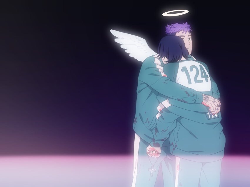 2boys, angel, black_hair, blood, blood_on_clothes, blood_on_hands, bloom, buzz_cut
