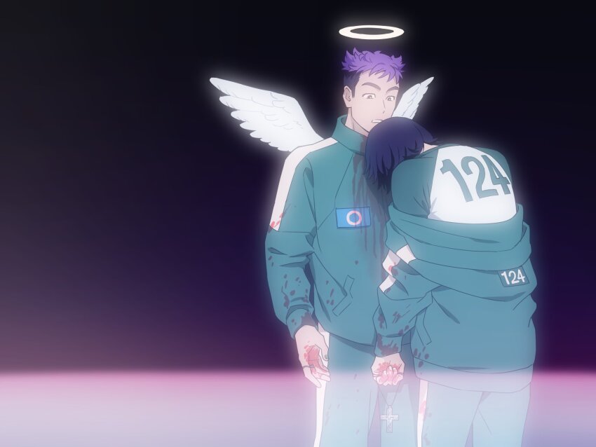 2boys, angel, black_hair, blood, blood_on_clothes, blood_on_hands, bloom, buzz_cut