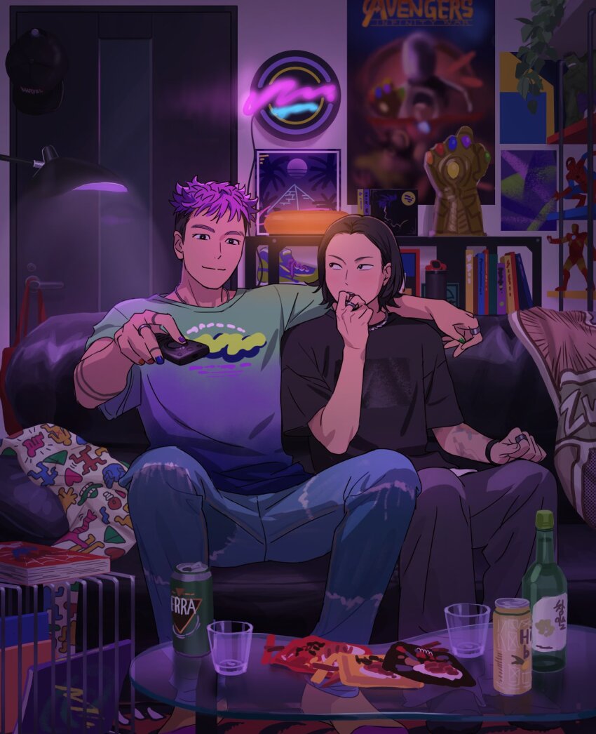 2boys, beer_can, black_hair, black_shirt, blanket, book, book_stack, bottle