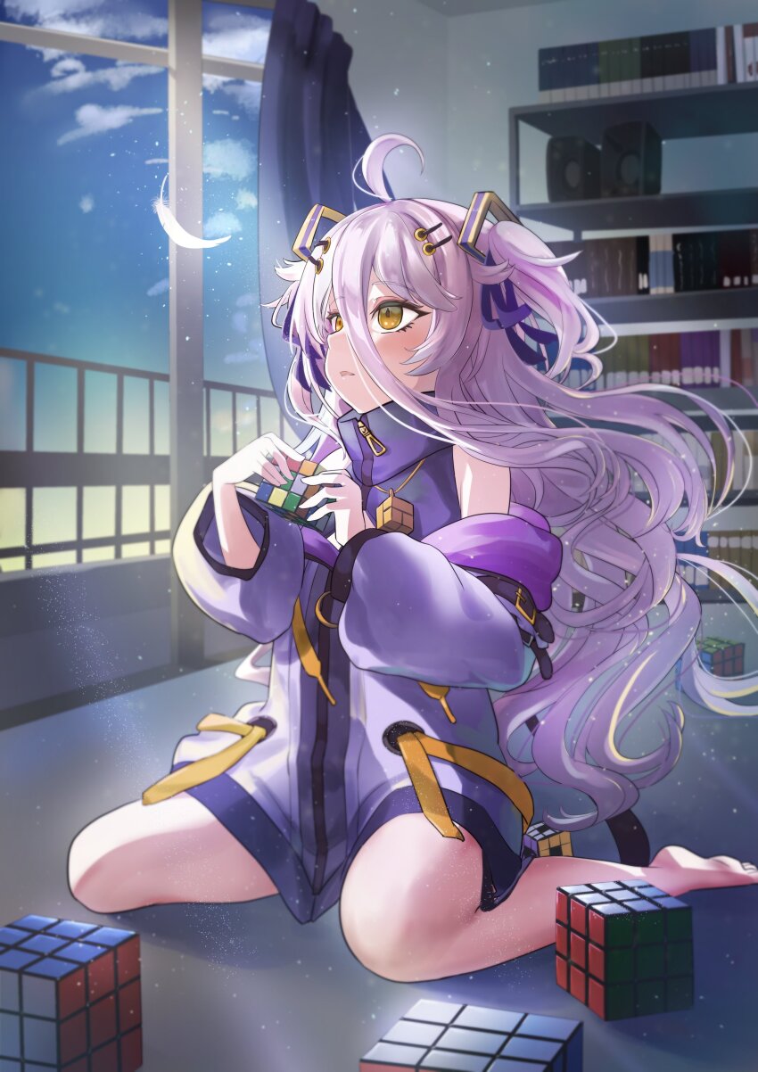 1girl, absurdres, barefoot, bokuno82, closed_mouth, commentary_request, dress, grey_hair, hair_ornament, hair_ribbon, hairpin, henya_the_genius, henya_the_genius_(1st_costume), highres, indie_virtual_youtuber, long_bangs, long_hair, looking_at_viewer, purple_dress, purple_ribbon, ribbon, solo, turtleneck, turtleneck_dress, very_long_hair, virtual_youtuber, yellow_eyes