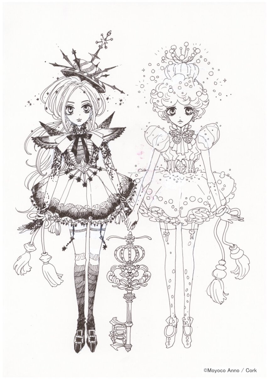 2girls, anno_moyoco, artist_name, chocolat_meilleure, commentary_request, crown, dress, earrings