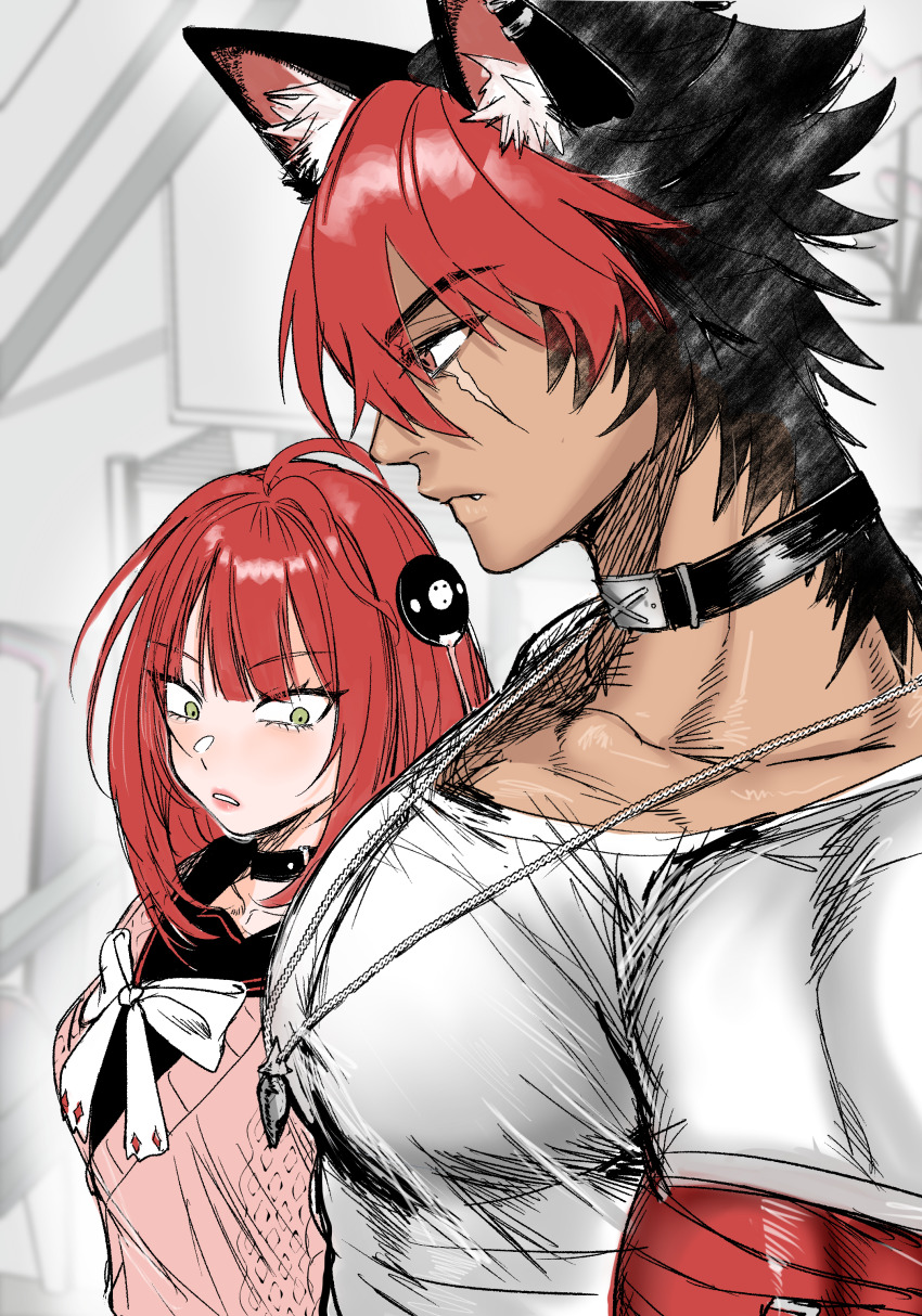 1boy, 1girl, absurdres, animal_ears, bandaged_arm, bandages, black_choker, choker, collarbone, commentary_request, dog_boy, dog_ears, girl_staring_at_guy's_chest_(meme), gun06, highres, huge_pectorals, jewelry, komano_manato, large_pectorals, meme, multicolored_hair, muscular, muscular_male, necklace, pectoral_focus, pectorals, pink_sweater, red_bandage, red_hair, ribbon, shirt, sweater, ukinami_yuzuha, white_ribbon, white_shirt, zenless_zone_zero