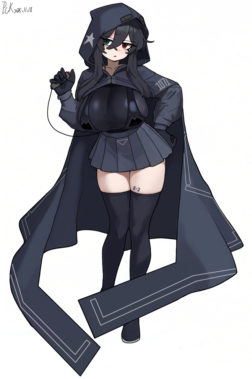 1girl, aircraft, airplane, b-2_spirit, black_hair, black_thighhighs, bomber, breasts, cloak, commentary_request, green_eyes, heterochromia, highres, holding_detonator, hood, hooded_cloak, huge_breasts, mecha_musume, military_vehicle, original, pckcool, personification, pleated_skirt, red_eyes, sidelocks, skirt, thighhighs, united_states_air_force, white_background