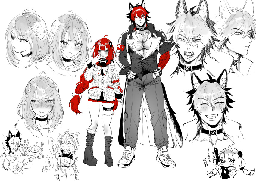 absurdres, animal_ears, bandaged_arm, bandages, black_boots, black_choker, black_jacket, blush, boots, choker, commentary_request, disgust, dog_boy, dog_ears, dog_tail, embarrassed, gun06, highres, jacket, komano_manato, muscular, muscular_male, pink_sweater, red_bandage, ribbon, shirt, shoes, size_difference, smile, smug, sweater, tail, twintails, ukinami_yuzuha, white_ribbon, white_shirt, white_shoes