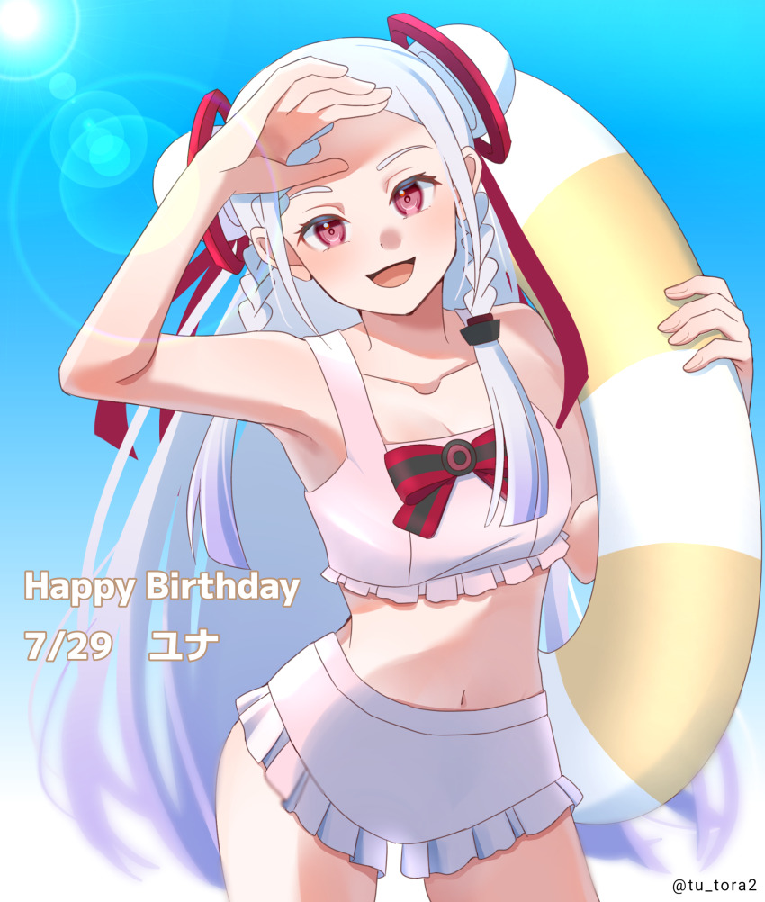 1girl, :d, alternate_costume, armpits, artist_name, bikini, bikini_shorts, birthday_date, blue_sky, blunt_bangs, braid, breasts, check_clothing, cleavage, clothing_request, collarbone, commentary_request, cowboy_shot, double_bun, eyelashes, forehead, frilled_bikini, frills, hair_bun, happy_birthday, highres, holding, holding_swim_ring, innertube, long_hair, looking_at_viewer, midriff, navel, nose, open_mouth, outdoors, red_eyes, salute, shorts, sky, small_breasts, smile, solo, straight-on, sunlight, swim_ring, swimsuit, sword_art_online, sword_art_online_the_movie:_ordinal_scale, tongue, translation_request, tu_tora2, twin_braids, twitter_username, white_bikini, white_hair, yuna_(sao)