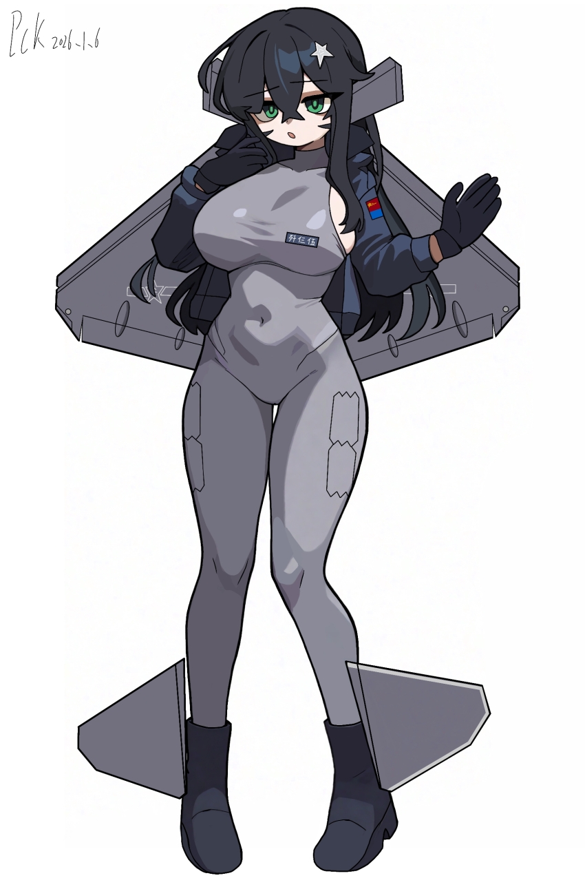 1girl, absurdres, aircraft, airplane, black_hair, bodysuit, breasts, commentary_request