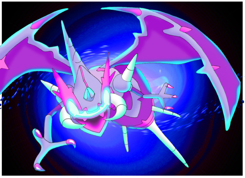 border, claws, commentary_request, fangs, full_body, gen_7_pokemon, glowing, glowing_eyes, highres, naganadel, nintendo, no_humans, open_mouth, pokemon, pokemon_(creature), pokemon_focus, skin_fangs, solo, stinger, tsuyo_mark2, ultra_beast, white_border, wings