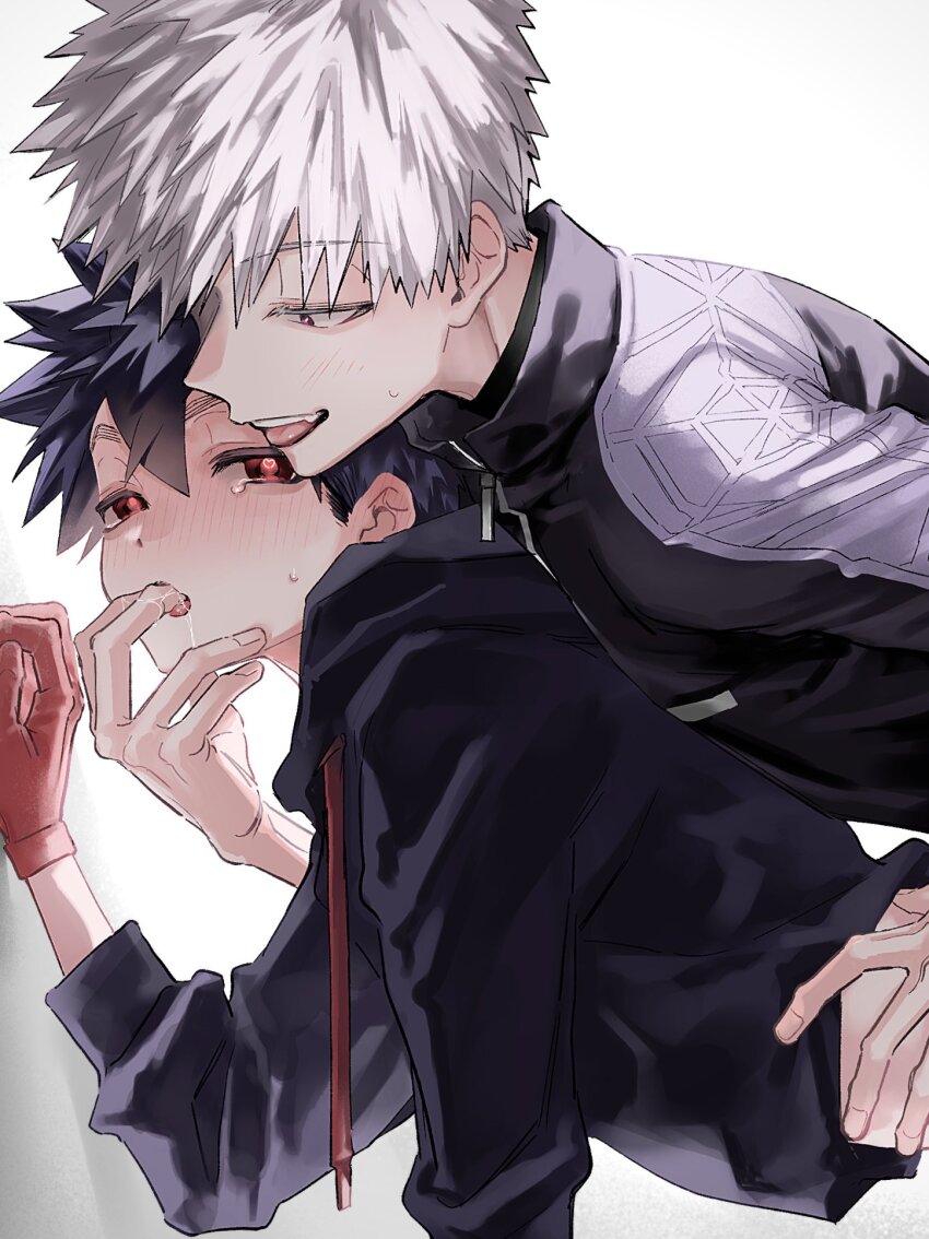 2boys, black_hair, blush, gloves, grabbing_from_behind, hand_in_another's_mouth, heart, heart-shaped_pupils