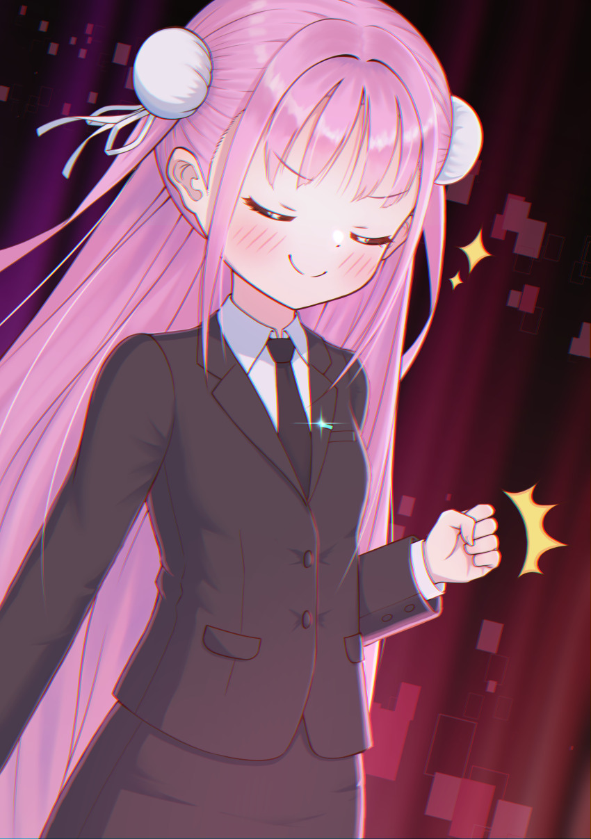 1girl, ^^^, absurdres, black_necktie, black_suit, blush, clenched_hand, closed_eyes