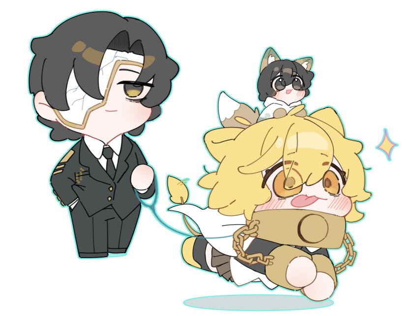 1girl, 2boys, :p, absurdres, animal_ears, black_hair, black_jacket, black_pants, black_thighhighs, blonde_hair, blush, breasts, brown_eyes, brown_skirt, chain, chibi, chibi_on_head, chibi_only, collar, commentary_request, dog_ears, dog_girl, don_quixote_(project_moon), eye_mask, formal_clothes, full_body, hand_in_pocket, highres, holding, holding_leash, hood, hoodie, index_(identity)_(project_moon), jacket, korean_commentary, leash, limbus_company, long_sleeves, mask, may.l, military_uniform, multiple_boys, necktie, on_head, orange_eyes, pants, pleated_skirt, project_moon, rien_(project_moon), shirt, shoes, short_hair, skirt, suit, tail, thighhighs, tongue, tongue_out, white_background, white_hoodie, white_shirt, yi_sang_(project_moon)