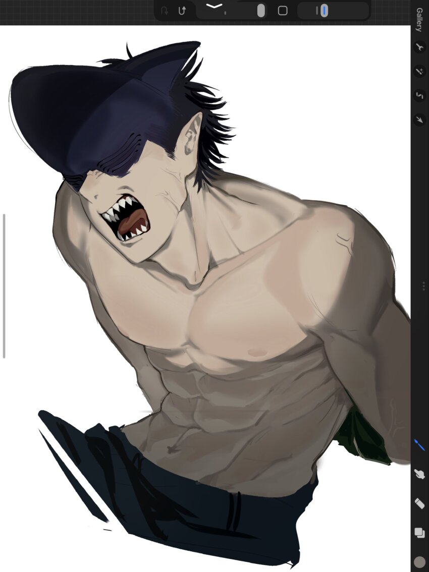 1boy, abs, arms_behind_back, art_program_in_frame, beam_(chainsaw_man), bound, bound_arms, chainsaw_man, collarbone, commentary, cropped_legs, highres, lazanya_011, male_focus, navel, open_mouth, pectorals, sharp_teeth, short_hair, simple_background, solo, untranslatable_commentary, teeth, toned, toned_male, tongue, topless_male, veiny_face, white_background