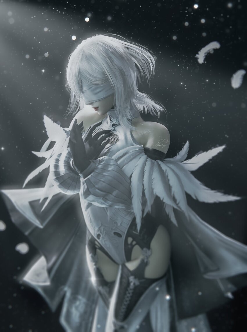 10h_(nier_reincarnation), 1girl, black_gloves, blindfold, devy_(hapidevy), dress, feathers, gloves