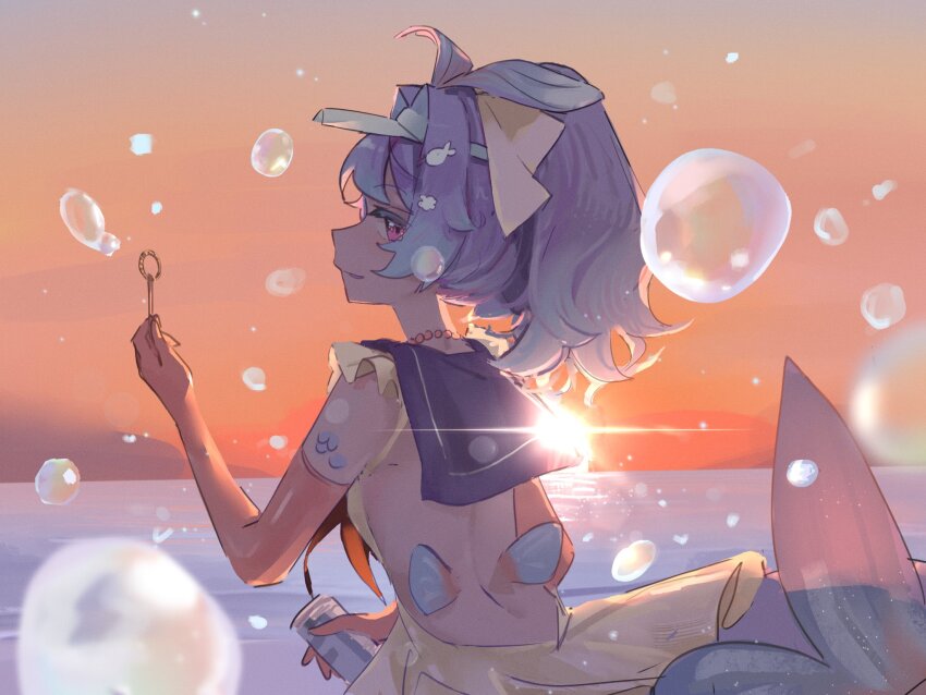 1girl, bigleonard4, blowing_bubbles, blue_hair, body_fins, bubble, commentary, dusk