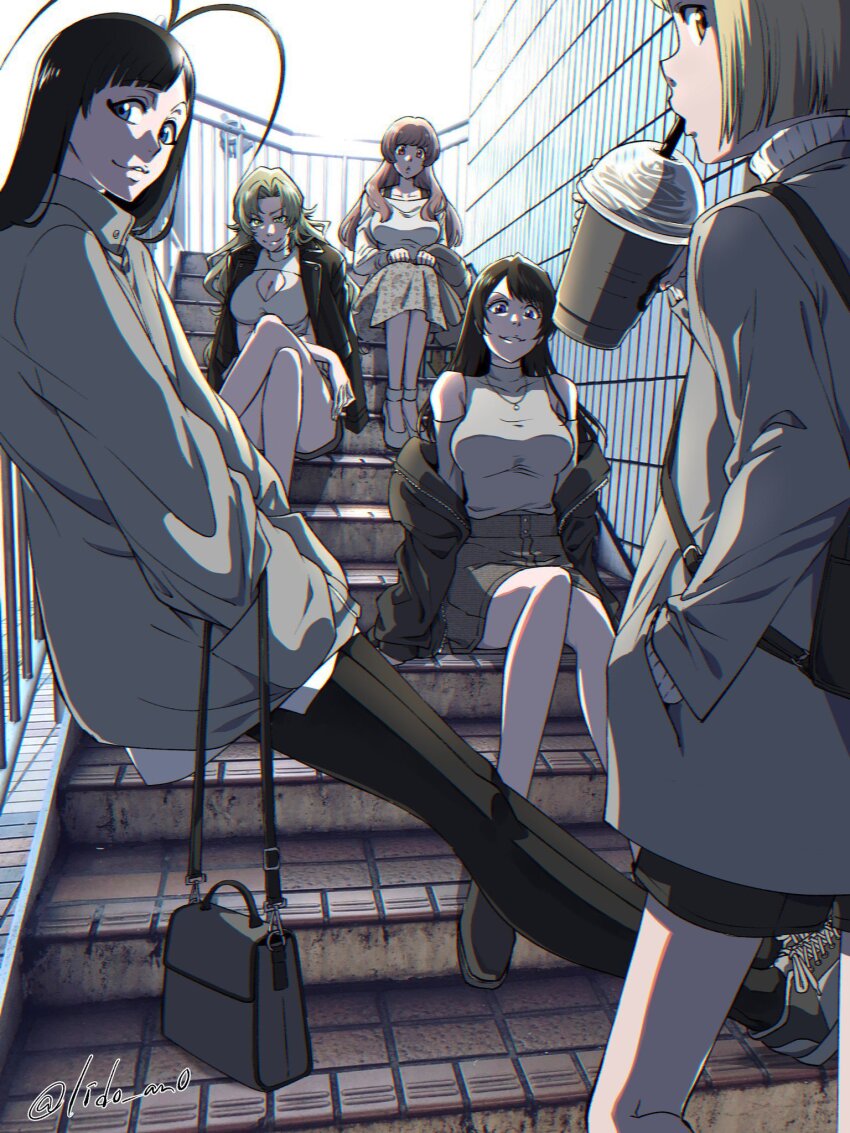 1boy, 4girls, androgynous, antenna_hair, bag, bambietta_basterbine, black_hair, black_pantyhose