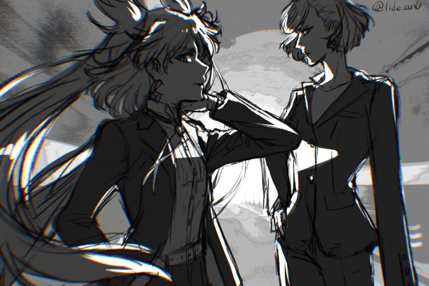 2girls, belt, burn_the_witch, chromatic_aberration, commentary, greyscale, hand_on_own_hip, hand_on_own_neck