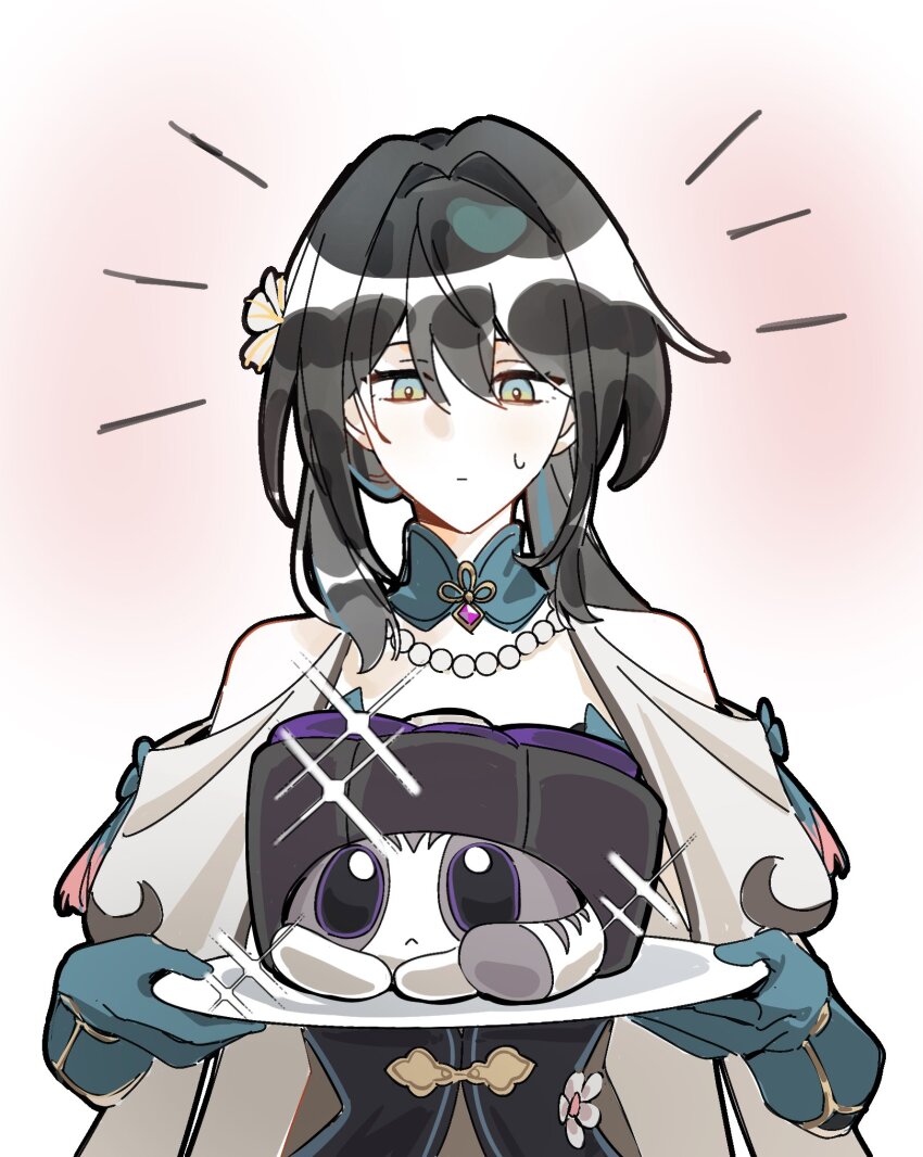 1girl, aqua_eyes, bead_necklace, beads, black_hair, cake_cat_(honkai:_star_rail), clothing_cutout, collar