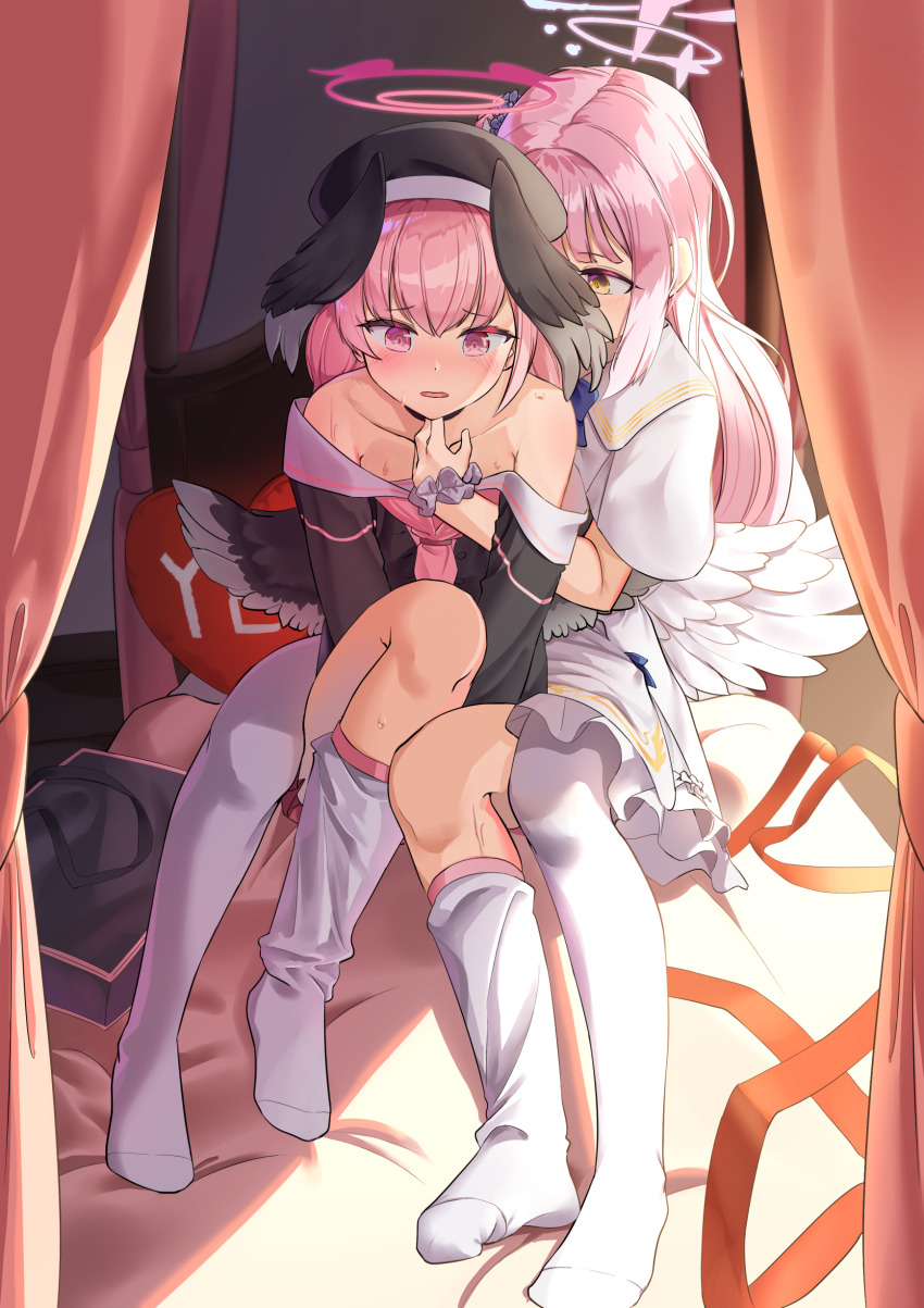 2girls, 96mako, absurdres, bare_shoulders, beret, black_hat, black_shirt, black_wings