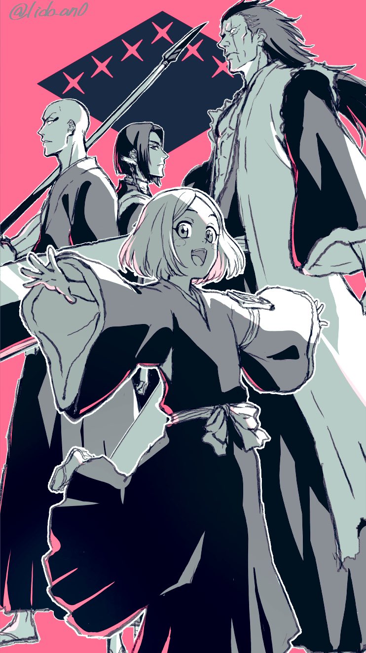 1girl, 3boys, ayasegawa_yumichika, bald, bleach, bleach:_sennen_kessen-hen, blush_stickers, commentary_request