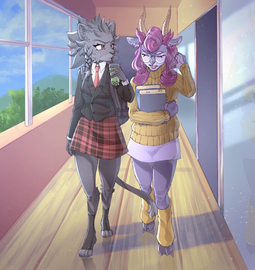 2girls, absa_(rivals_of_aether), animal_ears, black_jacket, book, braid, bubble_tea, cat_ears