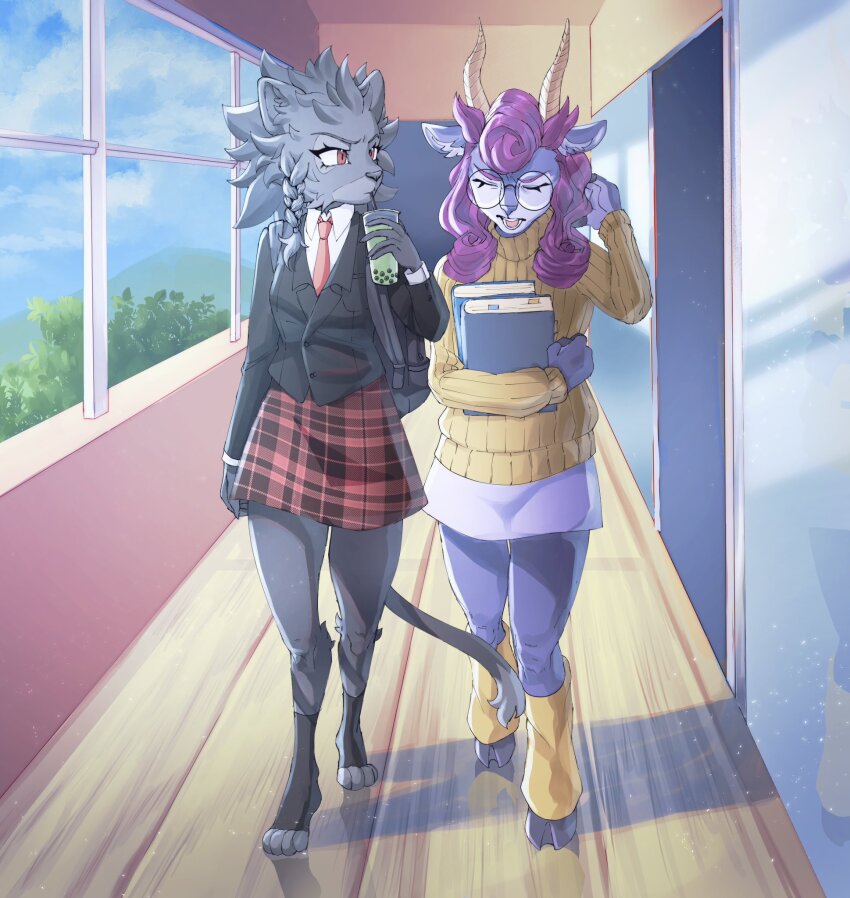 2girls, absa_(rivals_of_aether), animal_ears, black_jacket, book, braid, bubble_tea, cat_ears, cat_girl, cat_tail, clairen_(rivals_of_aether), closed_eyes, cloud, collared_shirt, commentary, cup, disposable_cup, drinking, drinking_straw, drinking_straw_in_mouth, english_commentary, fenukina, full_body, furry, furry_female, glasses, goat_ears, goat_girl, goat_horns, grey_fur, hand_up, highres, holding, holding_book, holding_cup, horns, indoors, jacket, leg_warmers, long_hair, long_sleeves, looking_at_another, lovers_of_aether, medium_hair, multiple_girls, necktie, official_alternate_costume, open_mouth, pink_hair, red_eyes, red_necktie, red_skirt, rivals_of_aether, round_eyewear, school_uniform, shirt, side_braid, single_braid, skirt, sweater, tail, toeless_legwear, variant_set, vertical-striped_sweater, walking, white_skirt, window, wooden_floor, yellow_leg_warmers, yellow_sweater