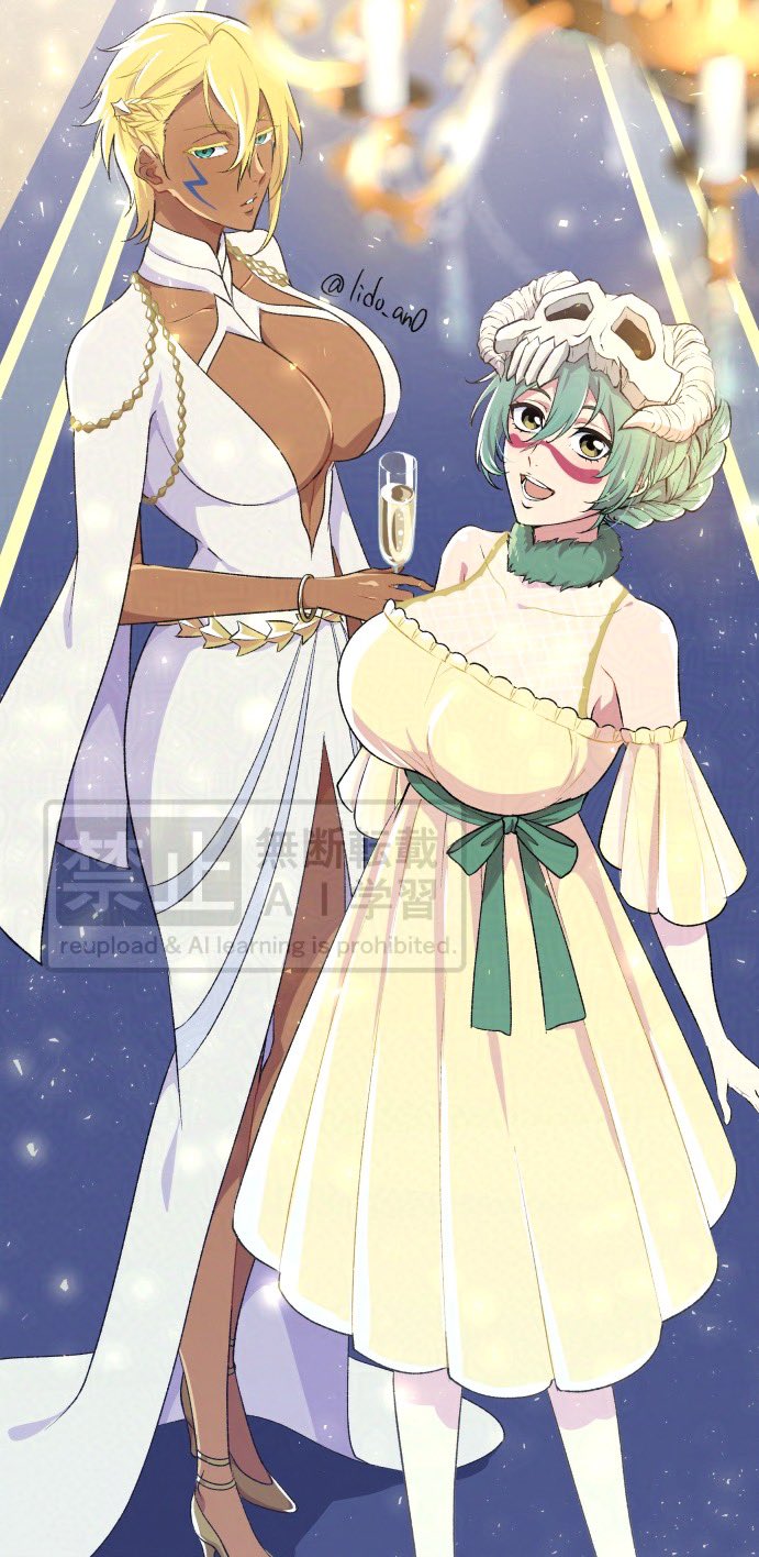 2girls, adversarial_noise, alternate_hairstyle, bleach, blonde_hair, bracelet, breasts, candle, champagne_flute, chandelier, cleavage, colored_eyelashes, commentary_request, cup, dark-skinned_female, dark_skin, dress, drinking_glass, espada, green_eyes, green_hair, height_difference, high_heels, highres, holding, holding_cup, huge_breasts, jewelry, lido_an0, long_dress, multiple_girls, nelliel_tu_odelschwanck, plunging_neckline, rug, skull_on_head, tall_female, tier_harribel, watermark, yellow_dress